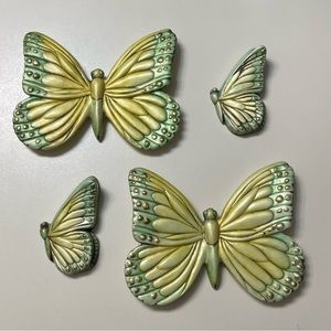 VTG 1974 Ceramic Butterfly Wall Hanging Decor Green Yellow Duncan Prod 4-Pc Set